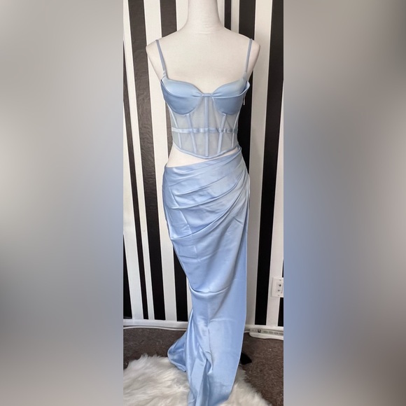 Light Blue Satin Corset Cutout Ruched Gathered Maxi Dress - NWT - Picture 5 of 10